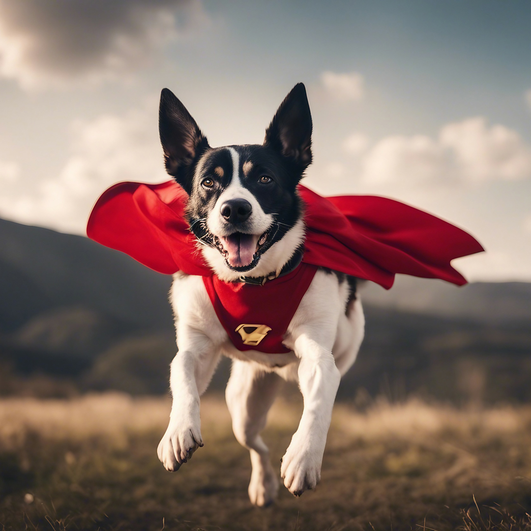 Dog in a superhero outfit flying for the article titled CBD for Pets