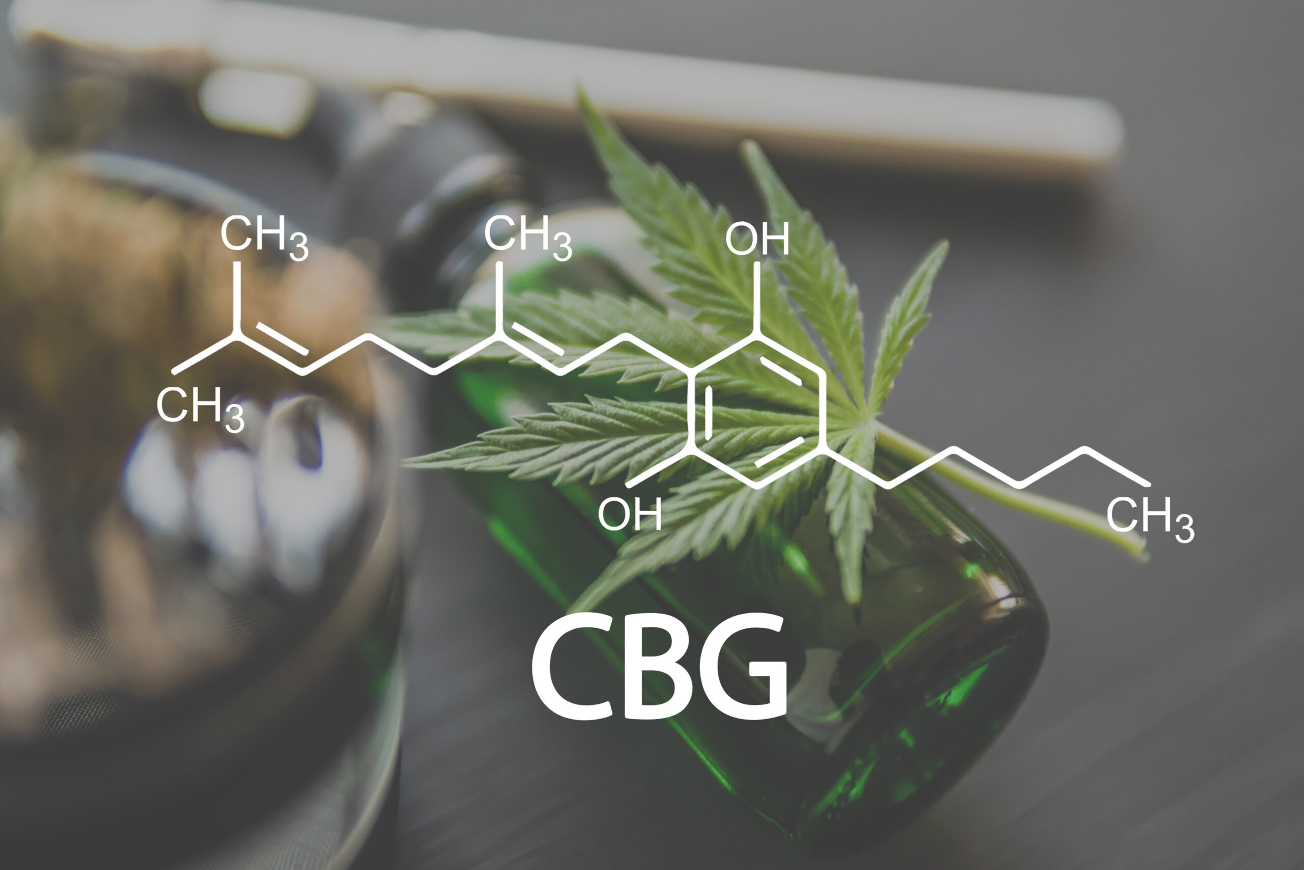 CBG Molecular Structure with background of leaf and medicine bottle