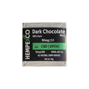Hempexco THC Chocolates shown with white foil wrapper and black label
