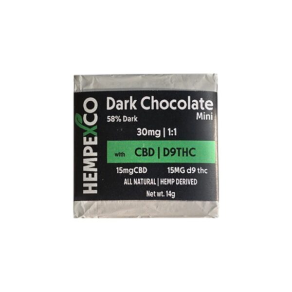 Hempexco THC Chocolates shown with white foil wrapper and black label