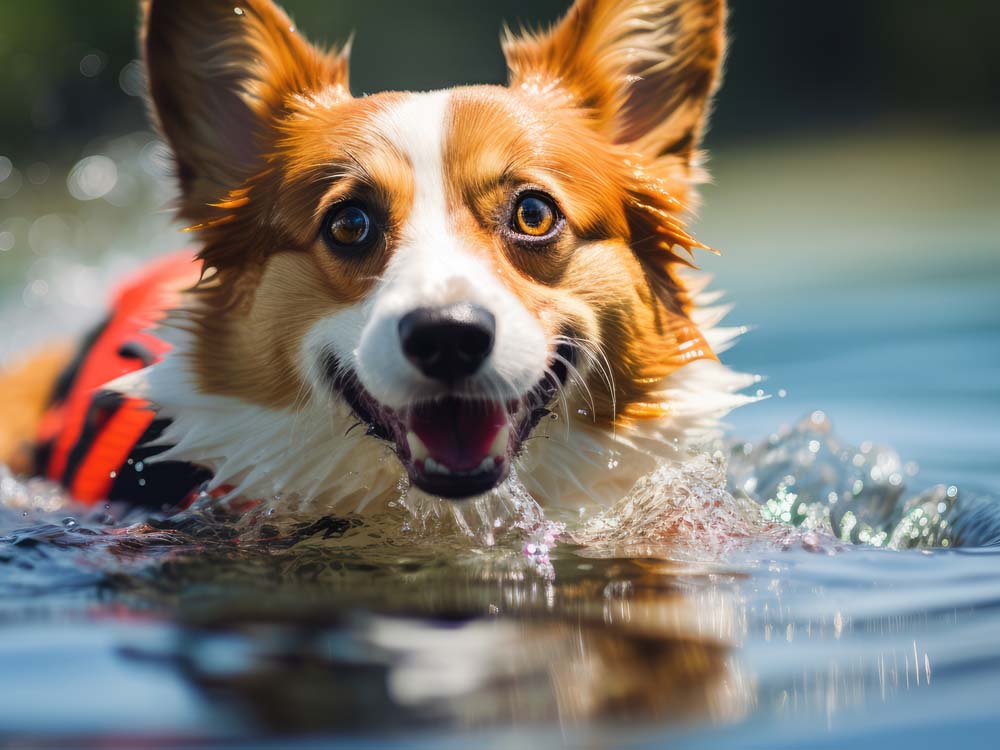 Corgi dog swimming with a lifejacket