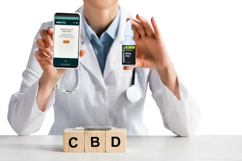 Pharmacist in a lab coat with a bottle of Hempexco Tincture and a cell phone showing Hempexco.com