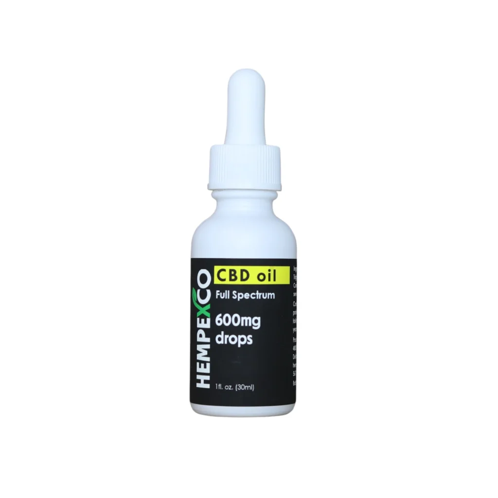Hempexco's Full Spectrum CBD oil in a white glass bottle and a black and yellow label
