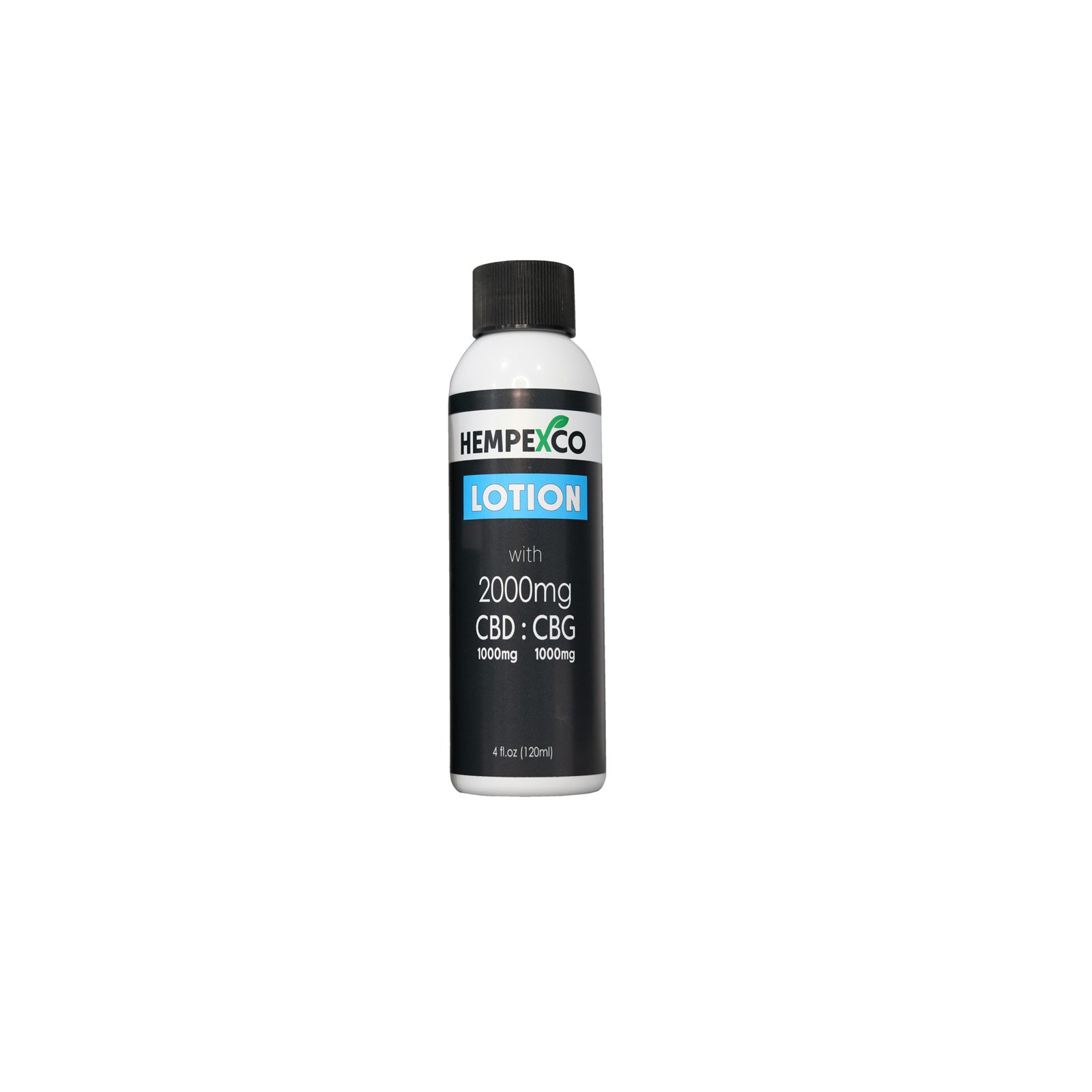 Hempexco's CBD Lotion for pain shown in a white bottle with a black label. Shown in article Benefits of CBD Topicals and CBD Lotion better than CBD soap