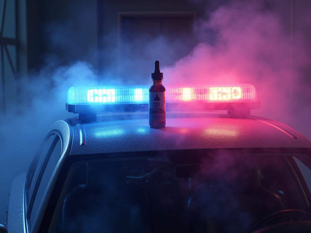 Police car with lights on with a bottle of CBD on the roof