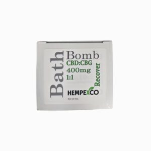 CBD Bath Bomb FOr Sore Muscles shown in a white box with green type.