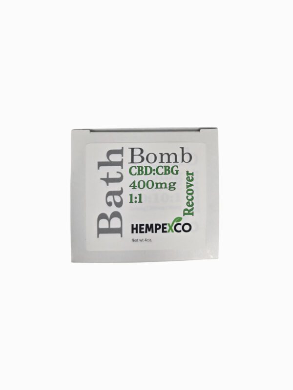 CBD Bath Bomb FOr Sore Muscles shown in a white box with green type.