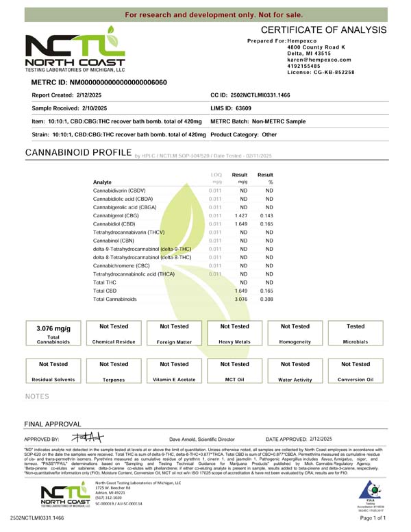 Recover bath bomb COA