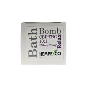 Hempexco's Relax THC Bath Bomb shown in a box with purple type