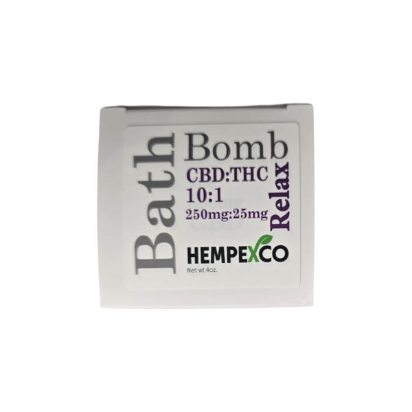 Hempexco's Relax THC Bath Bomb shown in a box with purple type