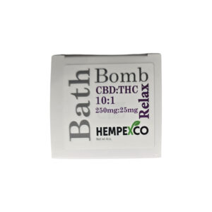 Relax THC Bath Bomb shown in a white box with lavender text