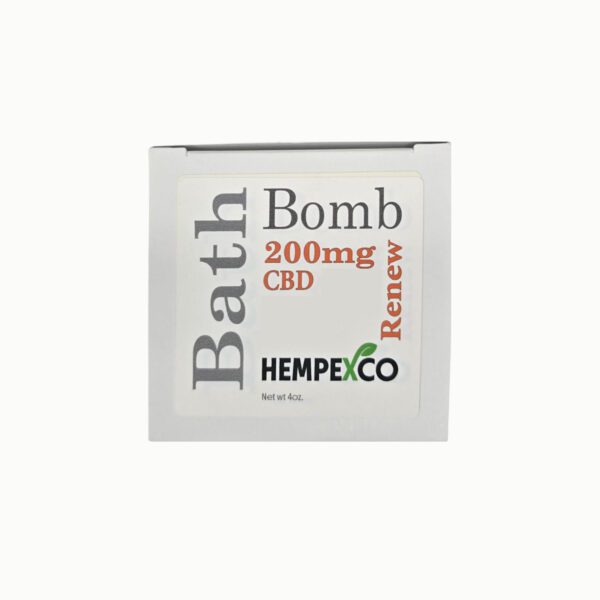 CBD Bath Bomb 200mg Renew shown in a box with an orange and white label