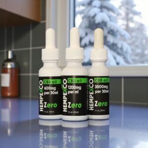 THC free CBD oil tinctures in front of a snowy window