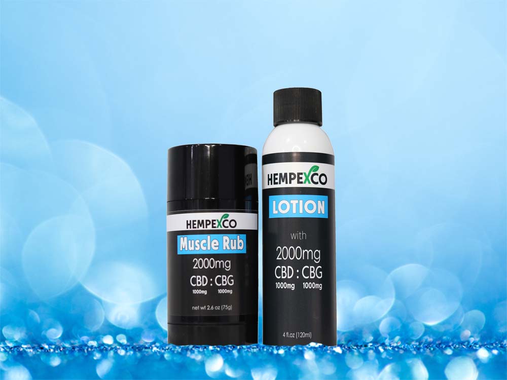 Hempexco CBD Muscle Rub and CBD Lotion in blue glitter and Bokeh