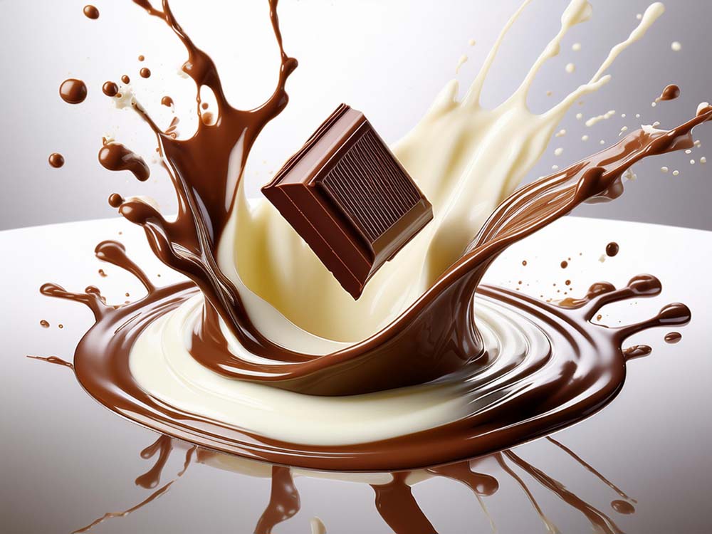 A piece of dark chocolate splashing into dark and white liquid chocolate