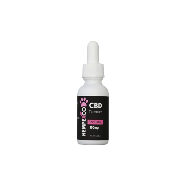 Hempexco CBD for Cats shown in a white bottle with Pink and Black Label