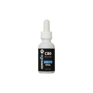 Hempexco CBD for DOgs 300mg shown in a white bottle with a black and blue label