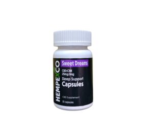 Hempexco Sleep Support capsules shown in a white bottle with a black label
