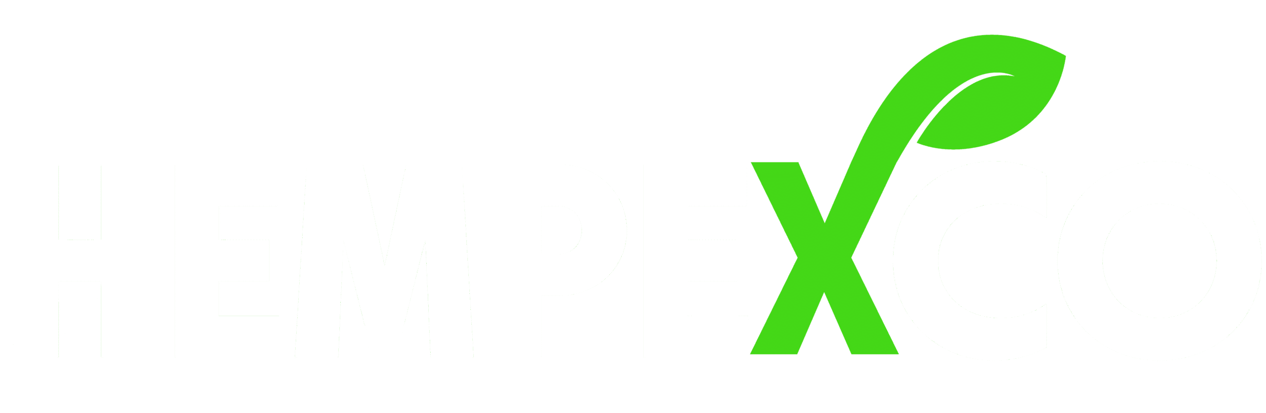 The word Hempexco in white except X is bright green with a leaf sprouting from the top