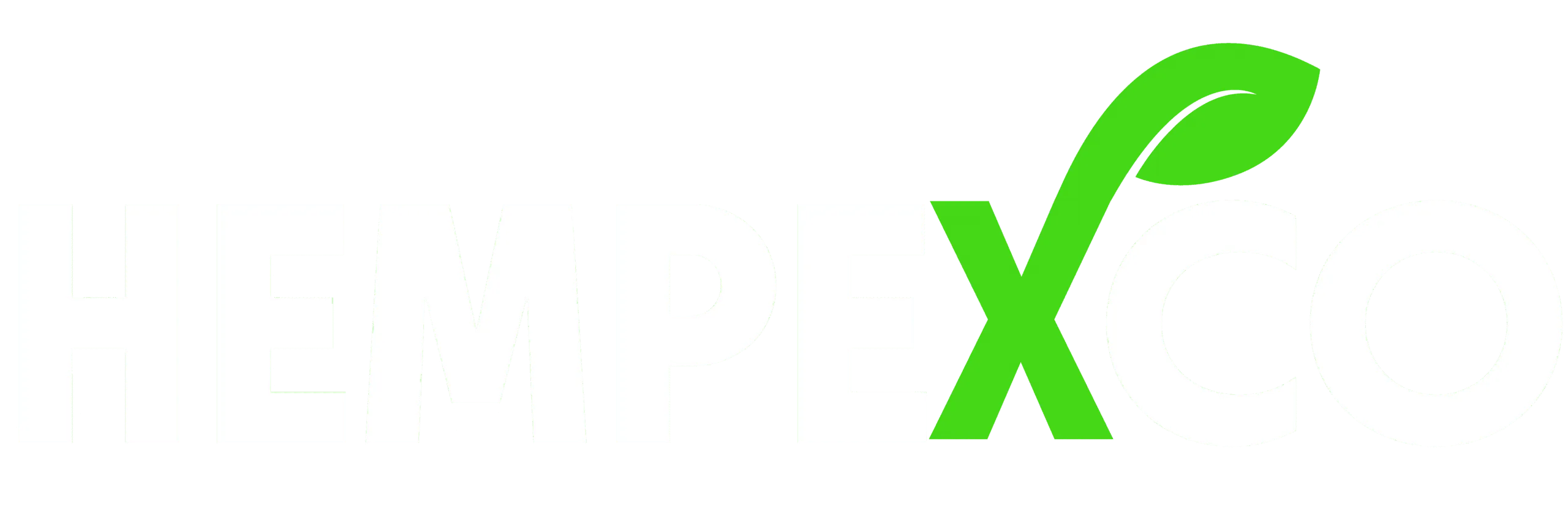 The word Hempexco in white except X is bright green with a leaf sprouting from the top