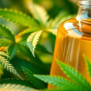What is CBD oil shows and amber bottle and hemp leaves