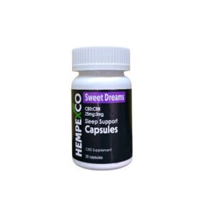 Hempexco Sleep Support capsules shown in a white bottle with a black label