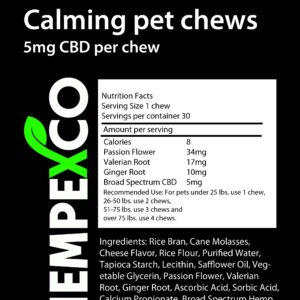 CBD Calming Pet Treats – 5mg CBD with Valerian Root & Passion Flower showing the label in black with white text and the Hempexco logo