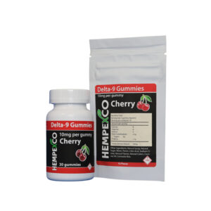 Hempexco Delta-9 Gummies cherry 10mg shown in 30 count and 10 count white packaging with black and red labels