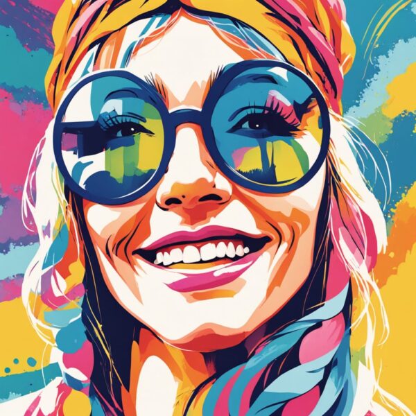 Pop art image of a girl with round glasses smiling 