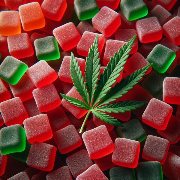 Red and green gummies with a hemp leaf for the article Delta-9 vs Delta-8