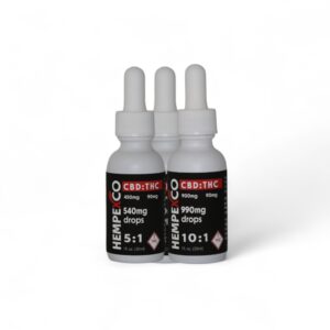 THC Ratio Tinctures shown in white bottles with black and red labels