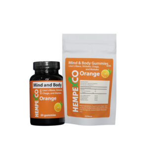 Mind and body mushroom gummies shown in a black bottle and a white zip pouch with orange labels